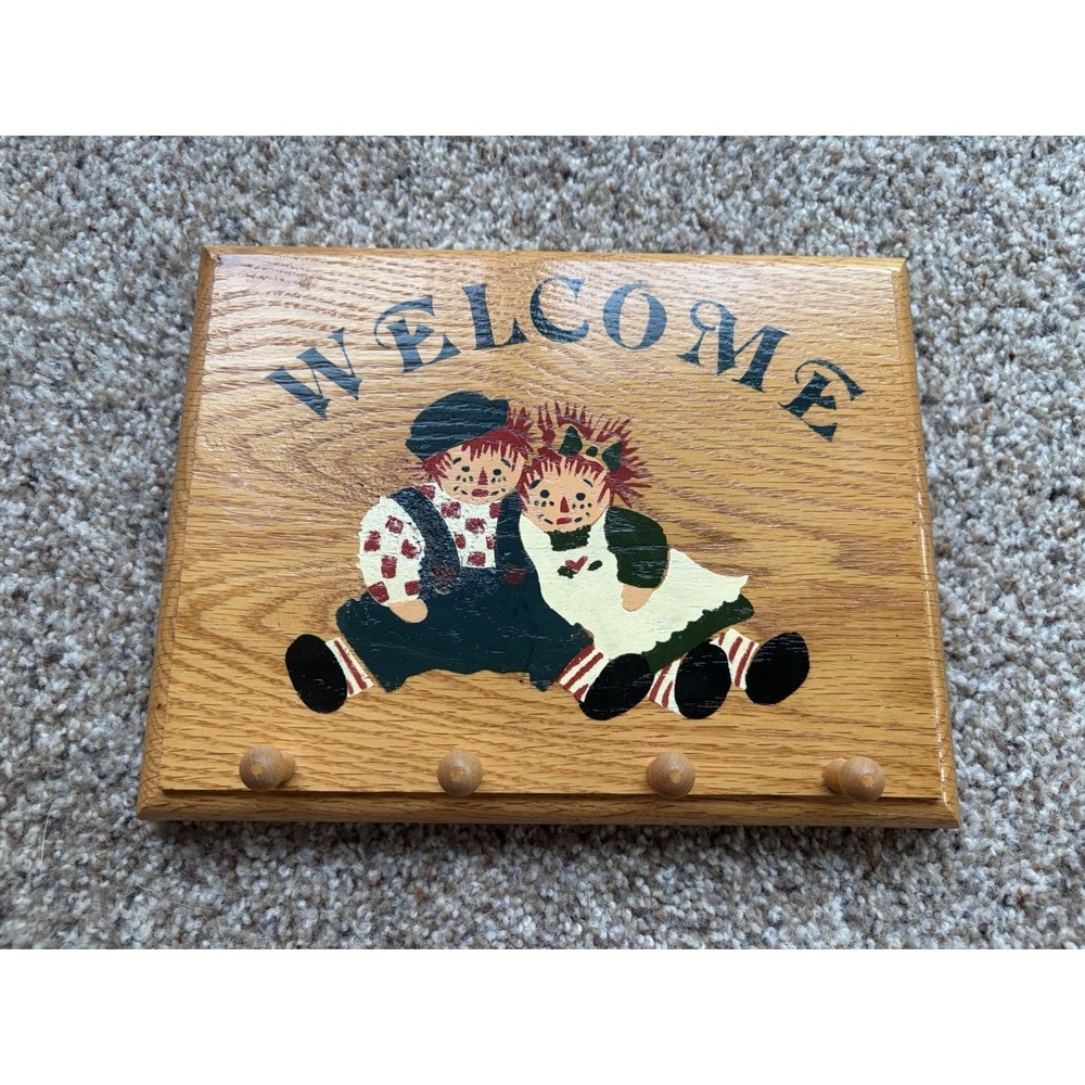 Vintage Wooden Raggedy Ann & Andy Wall Hanger With Pegs Rustic Welcome